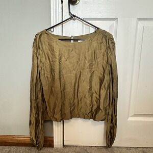 Anthropologie Olive Green Cropped Blouse | Long Sleeve Ruched | Medium
